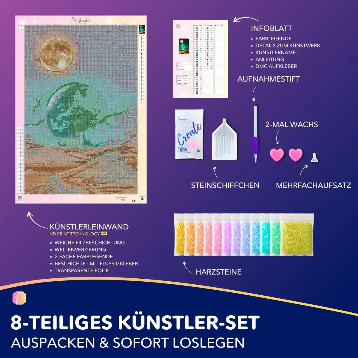 Diamond Painting Set Finsternis mit Fantasy-Nachtlandschaft, Leinwand, Harzsteinen und Zubehör für DIY-Kunstwerke