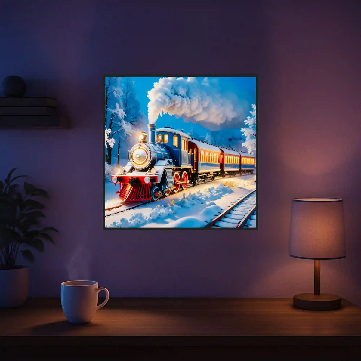 Diamond Painting Set Night Train: Frostiger Winterabend mit beleuchtetem Zug in verschneitem Wald