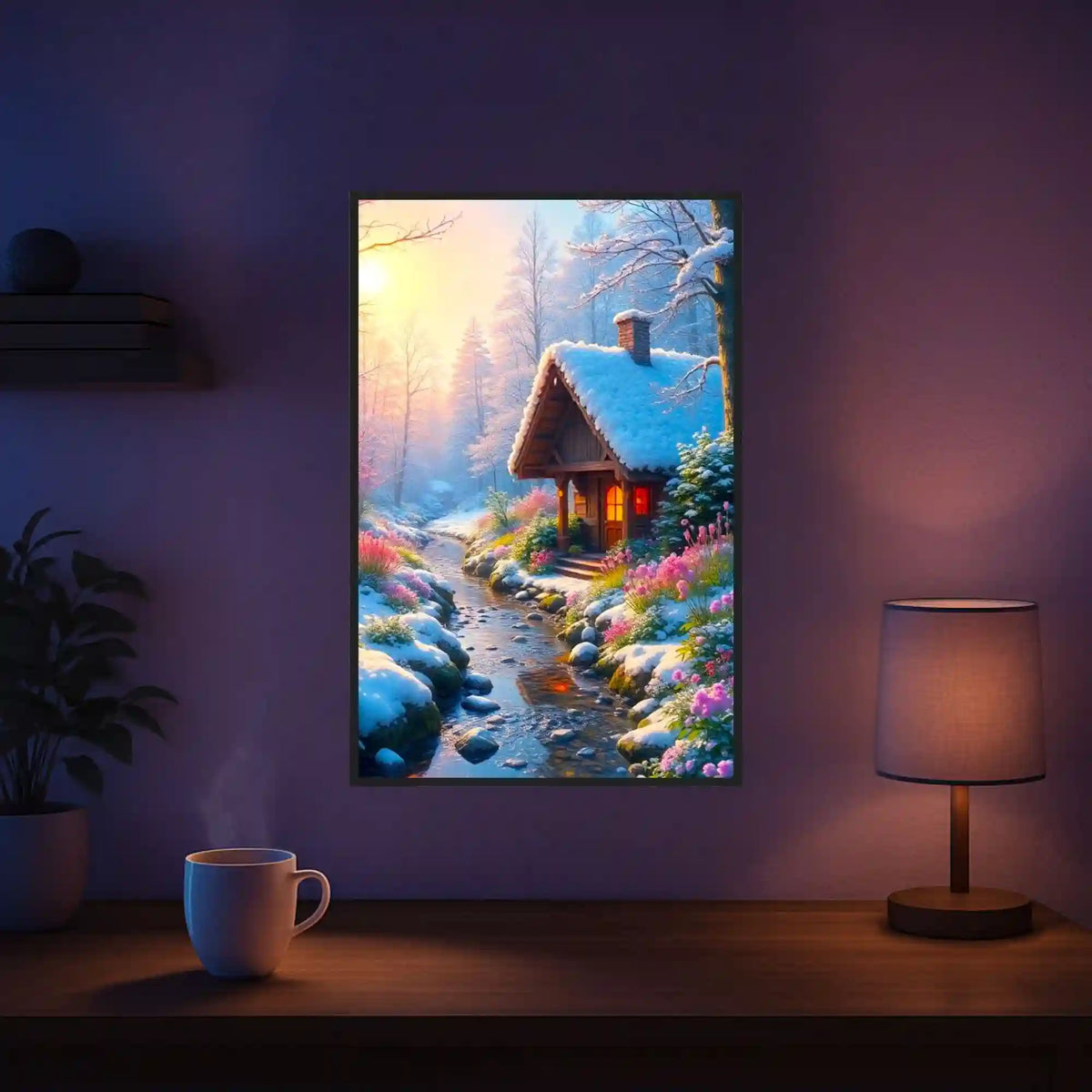 Diamond Painting Wintermorgen mit verschneitem Holzhaus, Bachlauf und Blumen als dekoratives Wandbild für Zuhause