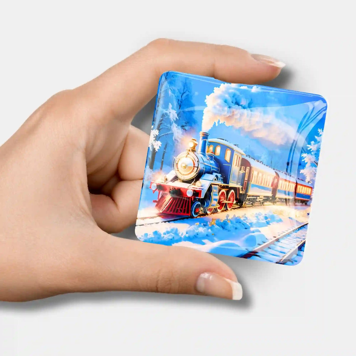 Quadratischer Diamond Painting Cover Minder aus Glas mit Night Train Motiv für dein Diamond Painting Set