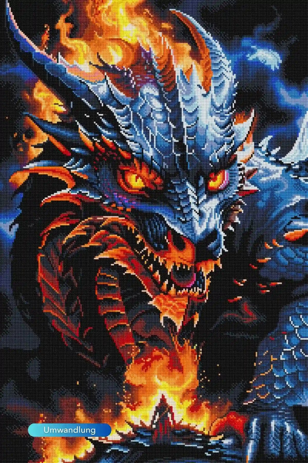 Diamond Painting Set mit einem mystischen Drachen aus Feuer und Eis, detailliertes Fantasy-Motiv in leuchtenden Farben.