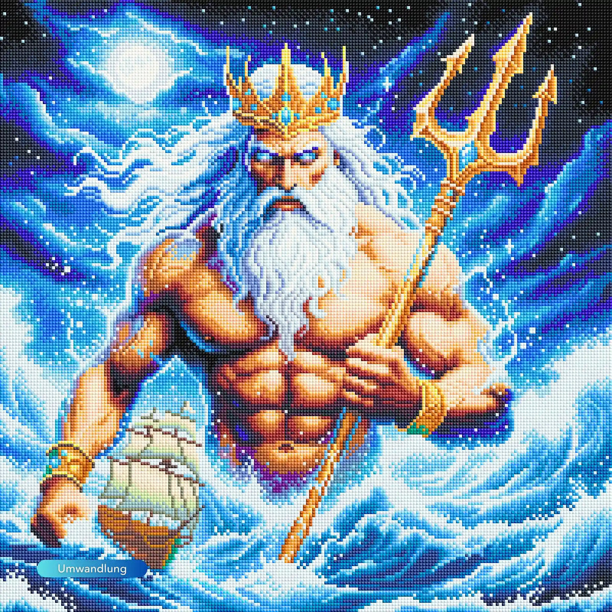 Fertiges Diamond Painting Set: Meeresgott Poseidon mit Dreizack, Krone und Schiff in stürmischen blauen Ozeanwellen.
