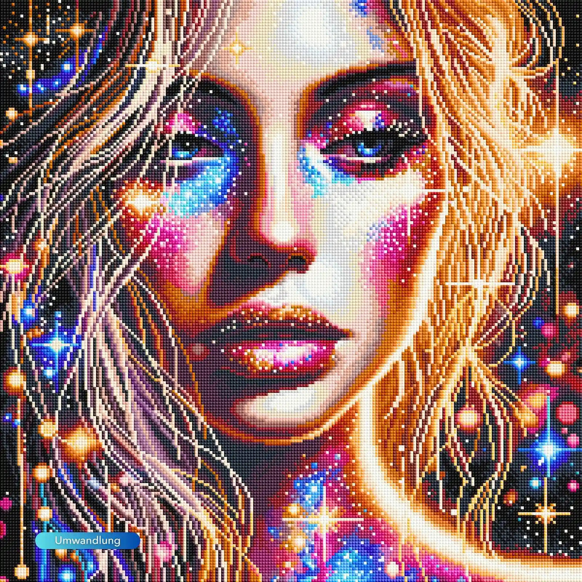 Diamond Painting Set Elara: Buntes Fantasy-Porträt einer Frau mit glitzernden Sternen und goldenen Haaren