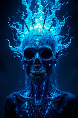 Diamond Painting Set mit Totenkopf-Motiv: Ein mystischer Schädel in Blau mit leuchtenden Flammen und kristallinem Kern.