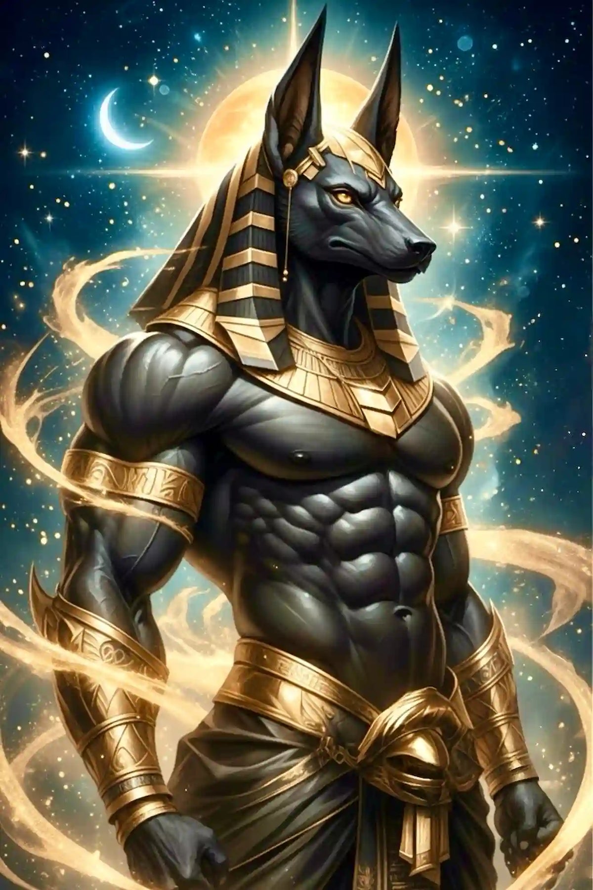 Diamond Painting Anubis als ägyptischer Gott mit goldenem Schmuck vor Sternenhimmel und blauem Nachtlicht.