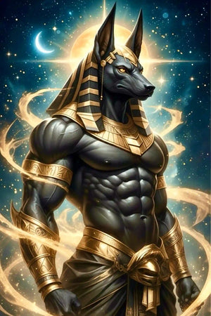 Diamond Painting Anubis als ägyptischer Gott mit goldenem Schmuck vor Sternenhimmel und blauem Nachtlicht.