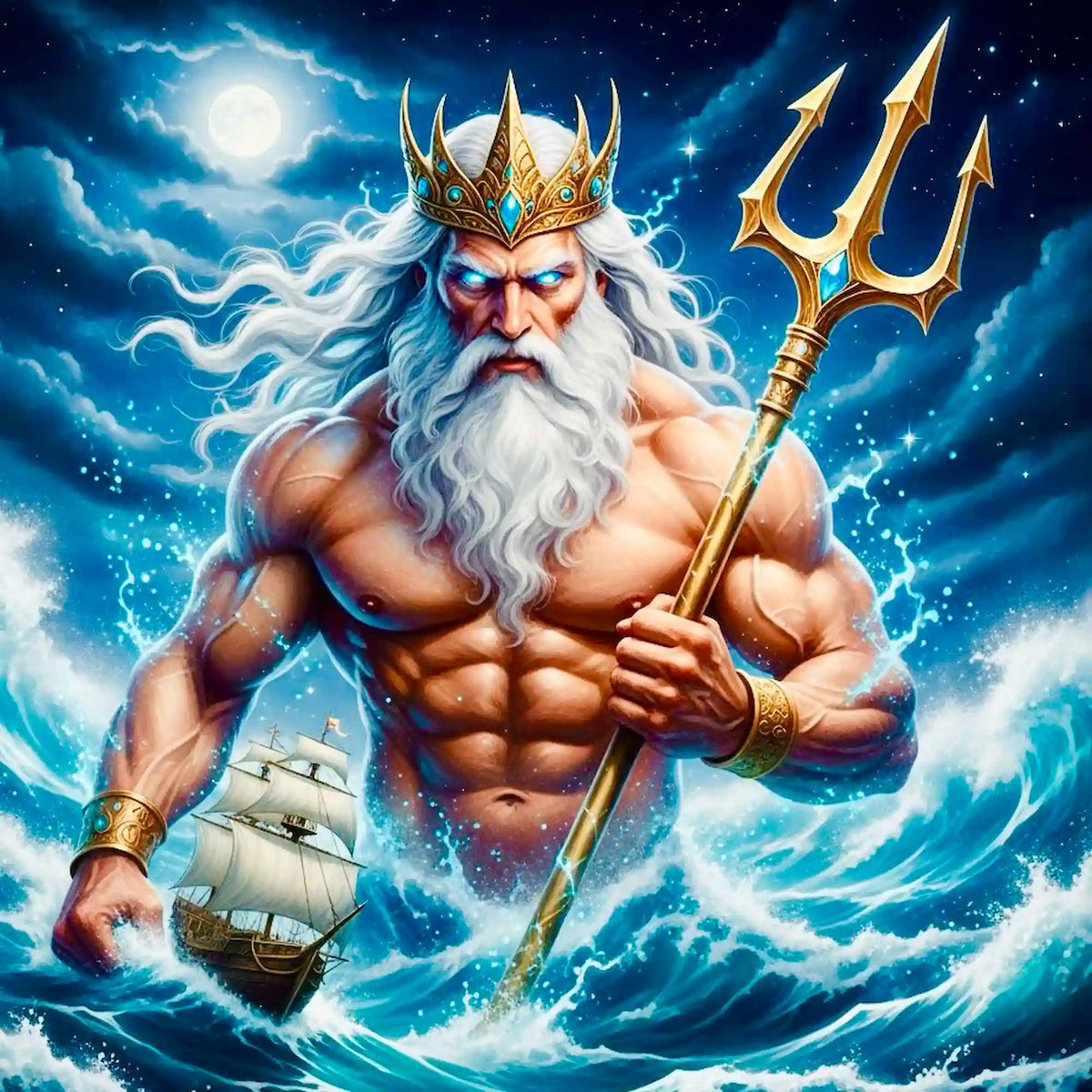Diamond Painting Set Poseidon: Meeresgott mit Dreizack, Krone und Schiff im stürmischen Ozean auf einer 50x50cm Leinwand.