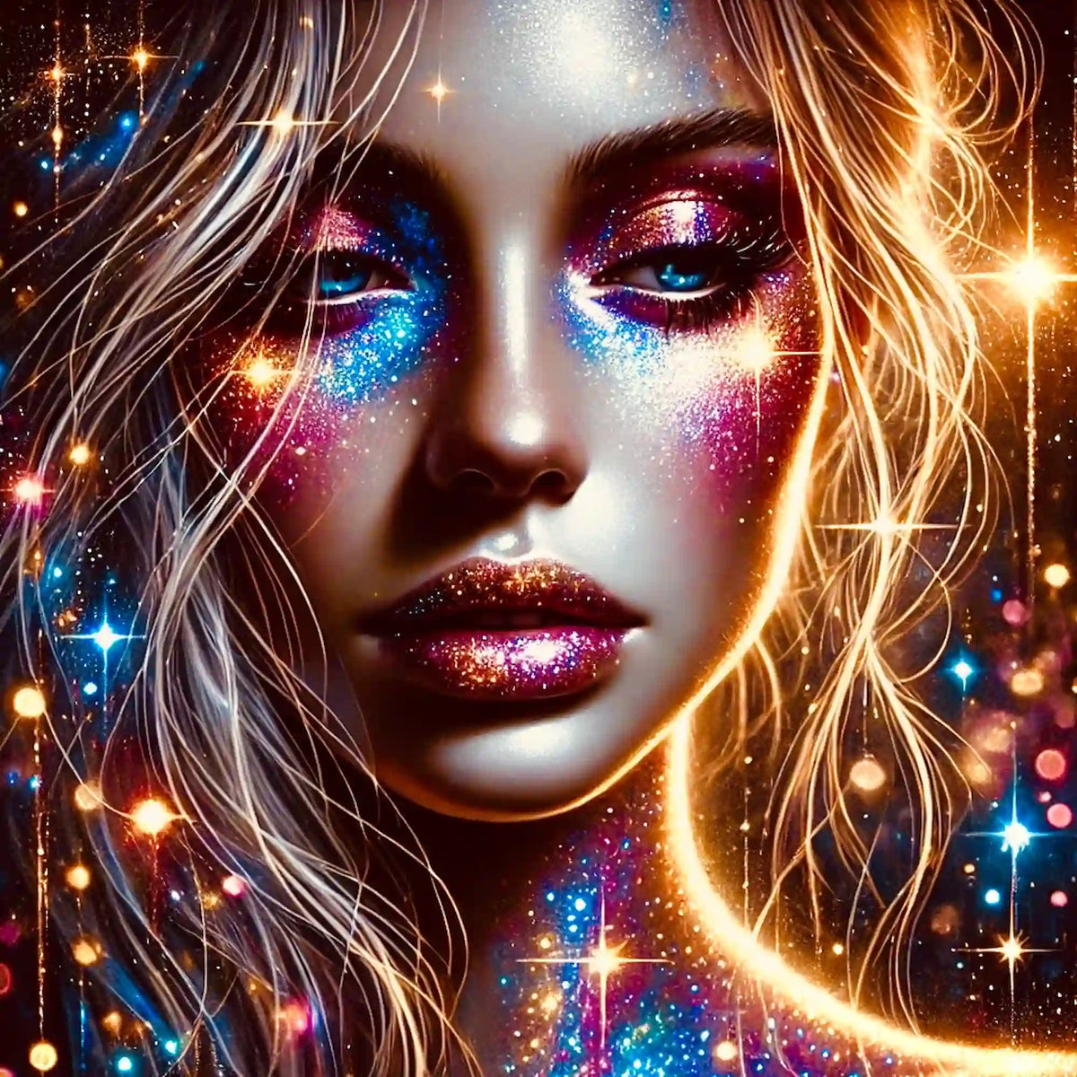 Diamond Painting Set Elara: Fantasy Porträt einer Frau mit glitzernden kosmischen Effekten, goldenen Haaren und leuchtenden Lippen