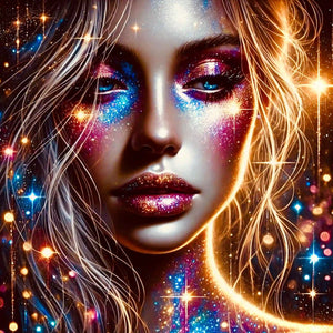 Diamond Painting Set Elara: Fantasy Porträt einer Frau mit glitzernden kosmischen Effekten, goldenen Haaren und leuchtenden Lippen