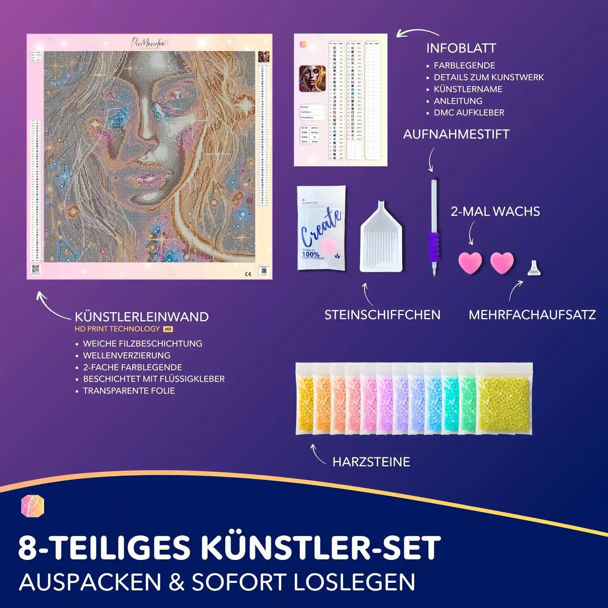 Diamond Painting Set Elara mit farbenfrohem Frauenporträt, Leinwand, Harzsteinen und komplettem Werkzeug-Zubehör.