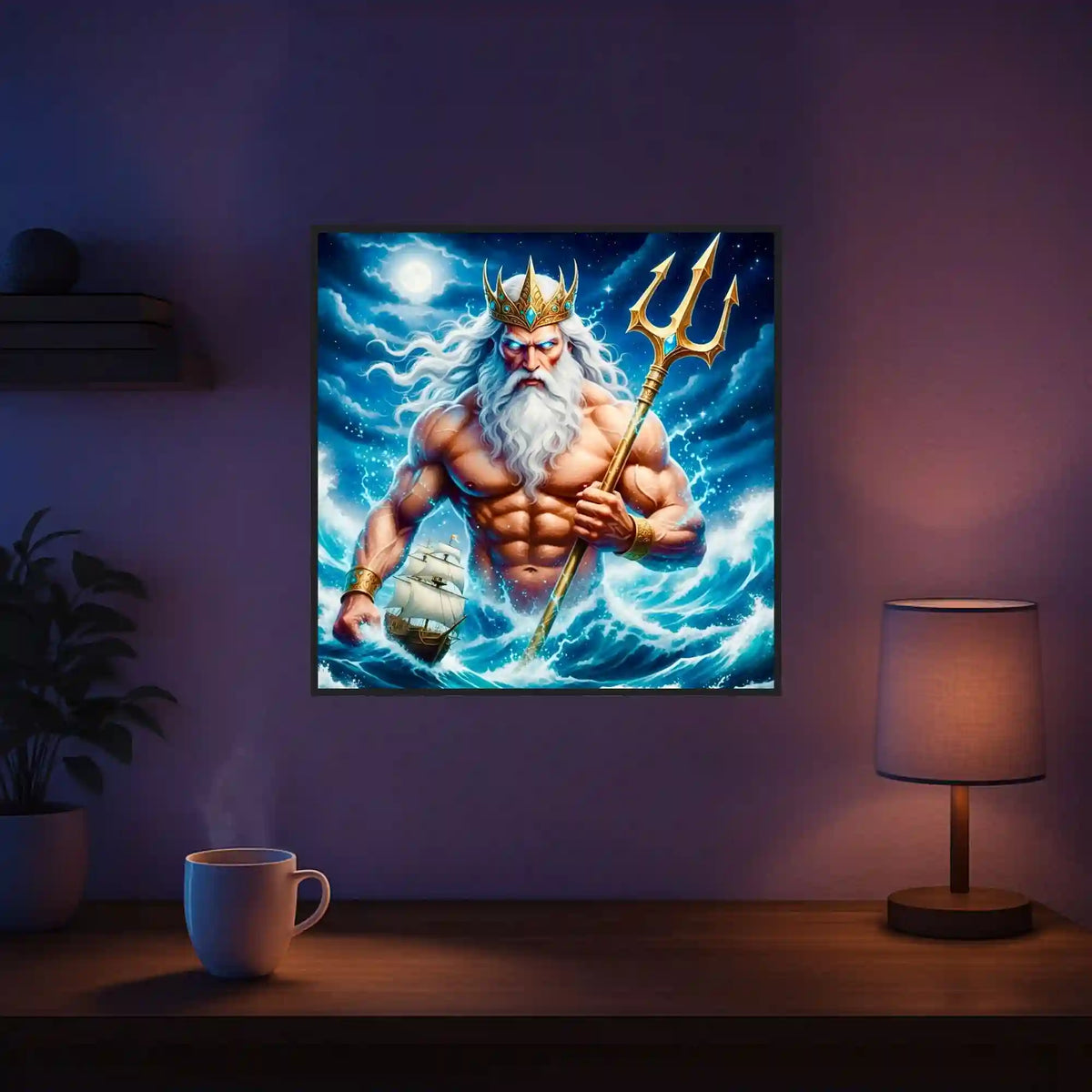 Diamond Painting Poseidon mit Dreizack und Schiff als majestätischer Meeresgott im stürmischen Ozean