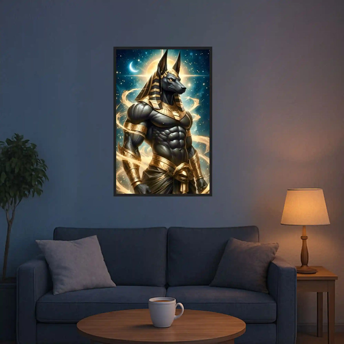 Diamond Painting Anubis als ägyptischer Gott mit goldenen Details vor einem mystischen Sternenhimmel im Wohnzimmer.