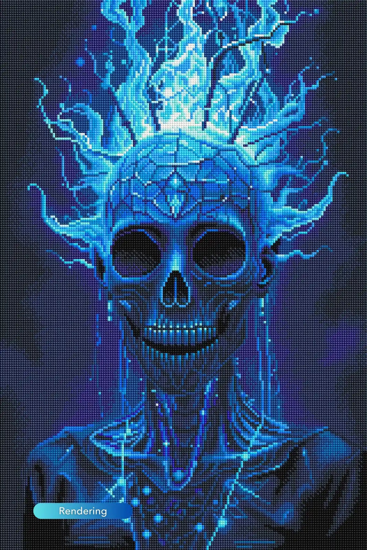 Diamond Painting Set Totenkopf mit elektrisch blauen Flammen und leuchtenden Lichtadern im mystischen Fantasy-Design