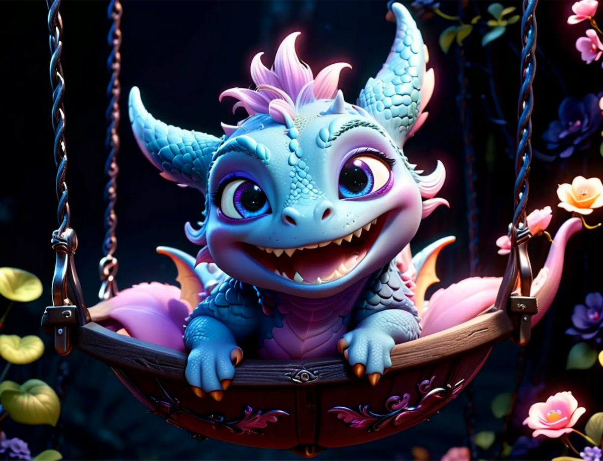 Diamond Painting Set eines süßen blauen Babydrachen auf einer Schaukel umgeben von Blumen in magischer Fantasy-Umgebung