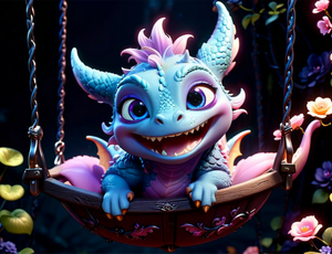 Diamond Painting Set eines süßen blauen Babydrachen auf einer Schaukel umgeben von Blumen in magischer Fantasy-Umgebung