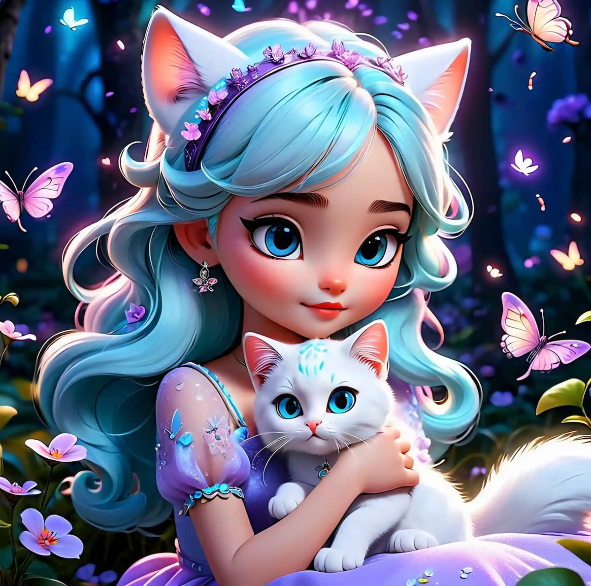 Diamond Painting Set Kim Kitty Girl: Fantasy-Mädchen mit türkisen Haaren und weißem Kätzchen in märchenhafter Blumenwelt