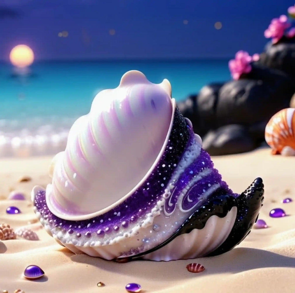 Diamond Painting Muschel Violett mit glitzernden Steinen auf nächtlichem Sandstrand am Ozean
