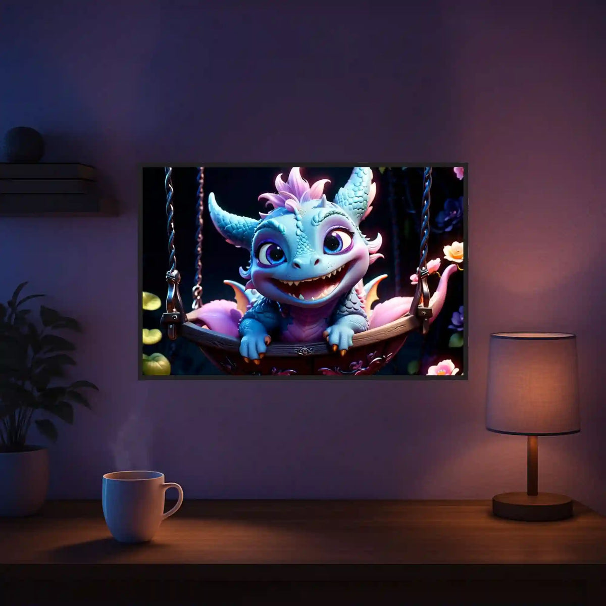 Diamond Painting Set Blue Flatter Dragon: Süßer Babydrache auf einer Schaukel als farbenfrohes Fantasy-Motiv.