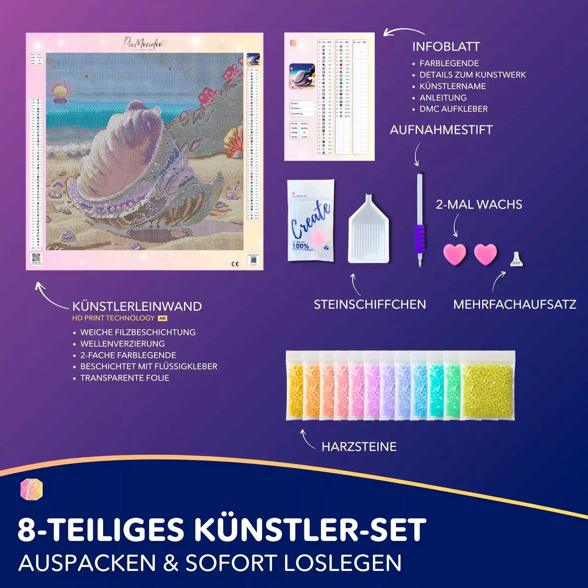 Diamond Painting Set Muschel Violett mit Leinwand, Glitzersteinen und Bastelzubehör für kreative Strand-Motive