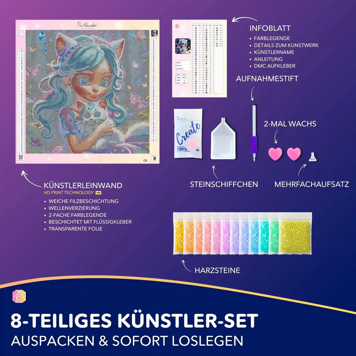8-teiliges Diamond Painting Set Kim Kitty Girl mit Leinwand, bunten Harzsteinen und Zubehör für zauberhafte Kunstwerke.