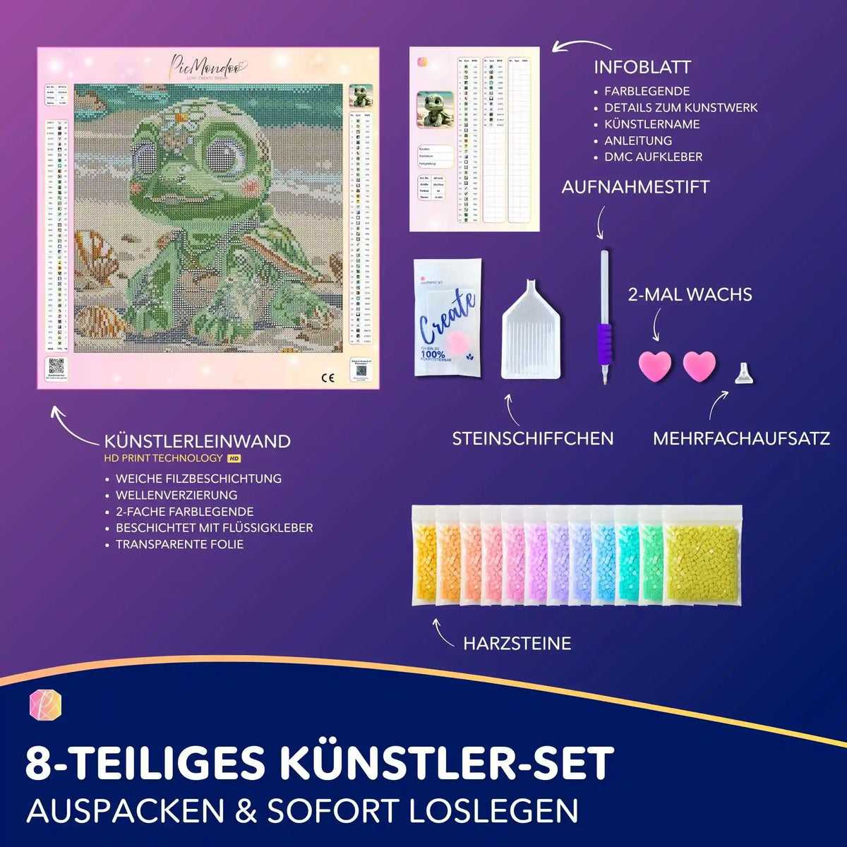 Diamond Painting Set Sunny Schildi mit süßer Schildkröte, Glitzersteinen, Leinwand und komplettem Zubehör zum Basteln.