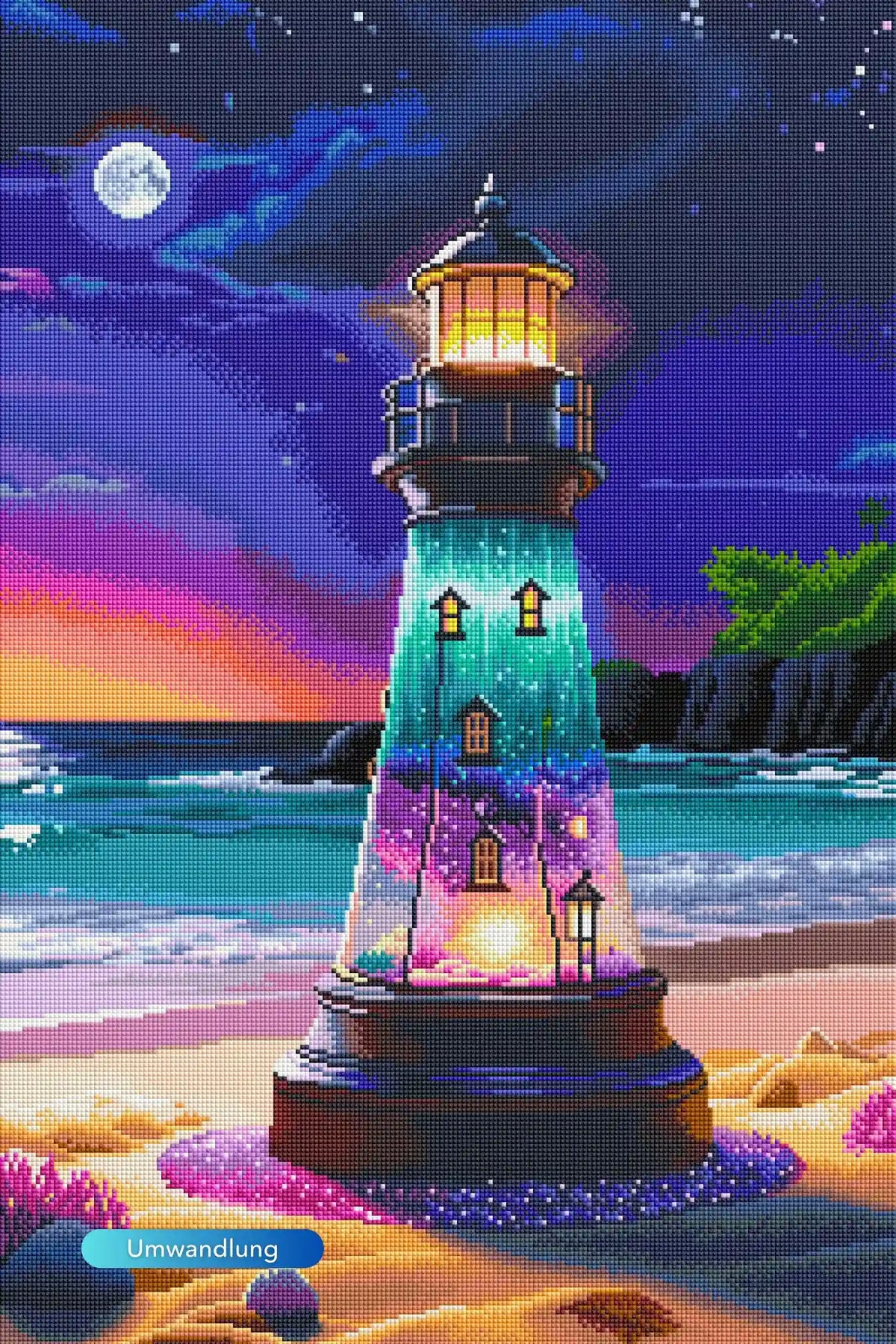Diamond Painting Leuchtturm der Träume mit funkelnden Steinen, nächtlicher Küstenlandschaft, Vollmond und leuchtendem Meer.