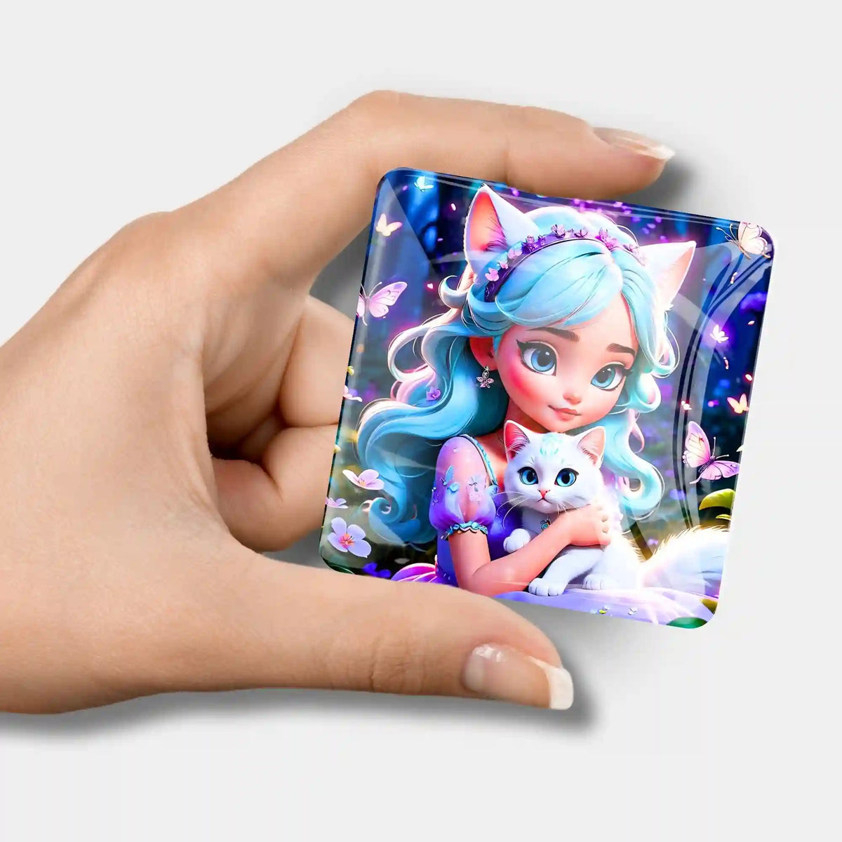 Quadratischer Kim Kitty Girl Coverminder aus Glas mit Katzenmotiv, praktisches Zubehör für Diamond Painting Projekte
