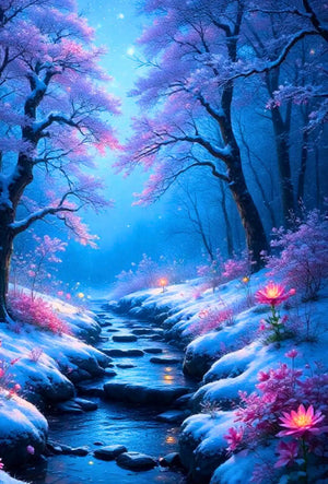 Diamond Painting Set Fluss der Träume: Magischer Winterwald mit leuchtenden rosa Blüten, Bachlauf und verschneiter Natur.