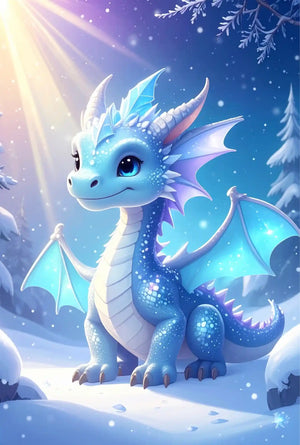 Diamond Painting Set süßer Drache im verschneiten Winterwald für magische Kunstwerke
