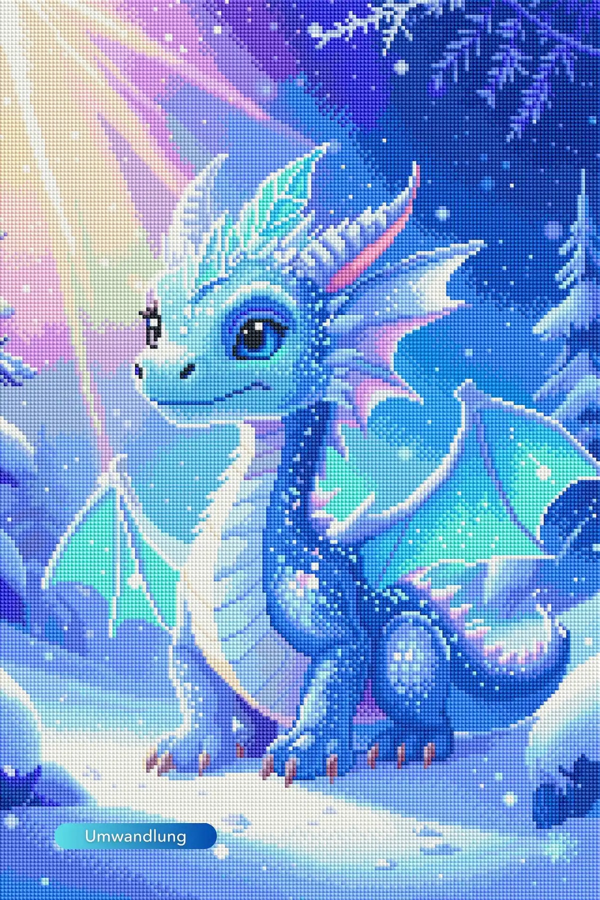 Diamond Painting Set mit süßem blauen Drachen in einer glitzernden Winterlandschaft, 40x60cm Motiv für Erwachsene