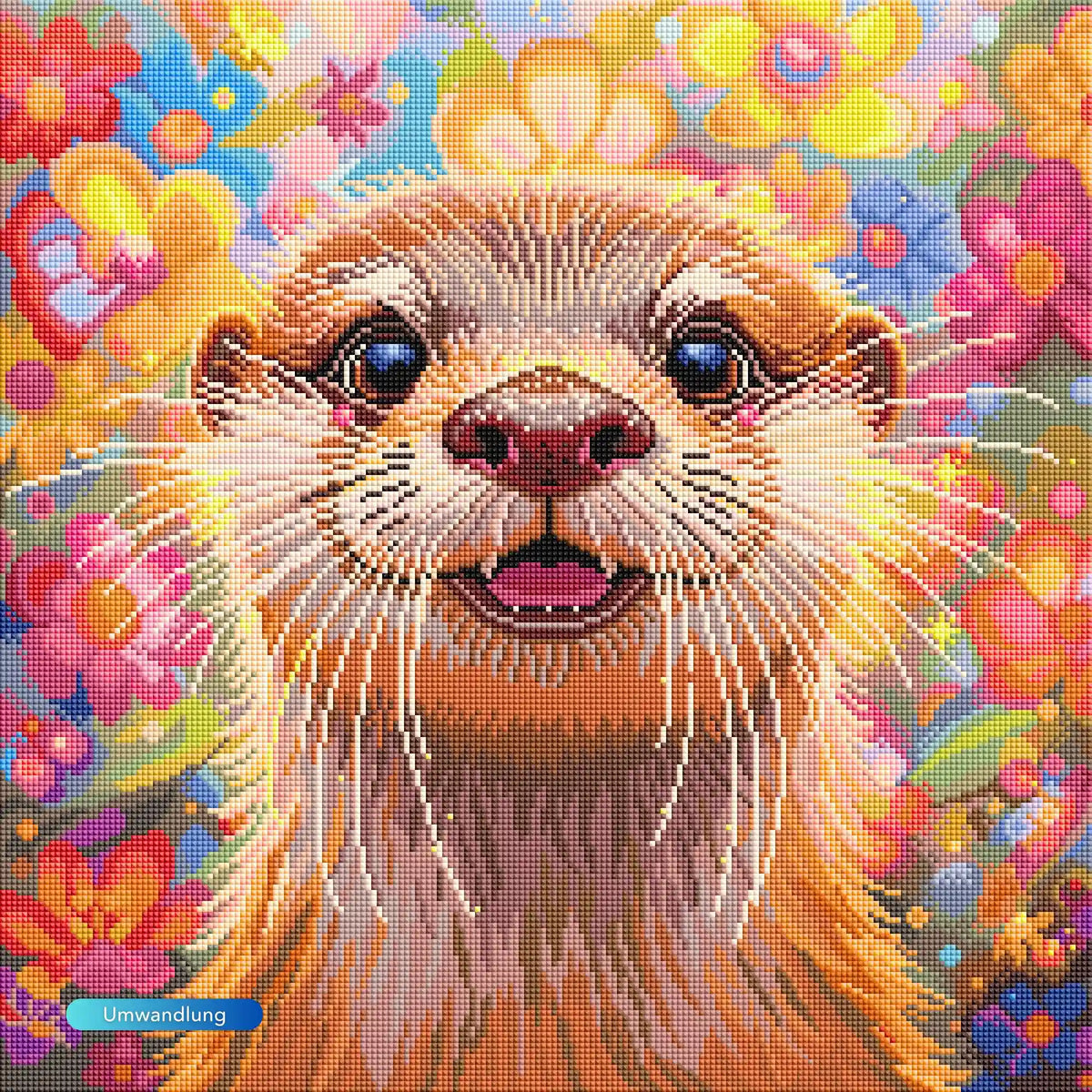 Diamond Painting Set eines süßen Otters umgeben von bunten Blumen und strahlendem Fell in lebendigen Farben.