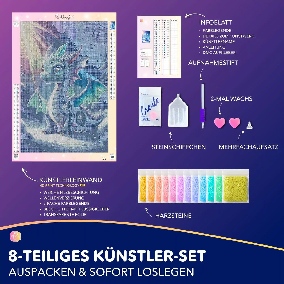 Diamond Painting Set mit süßem Drachen im Winterwald, inklusive Leinwand, Glitzersteinen und Bastelwerkzeug 40x60cm