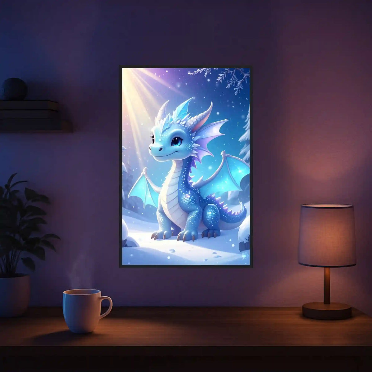 Diamond Painting Set mit süßem blauen Drachen im verschneiten Winterwald als magische Fantasy-Wanddekoration.