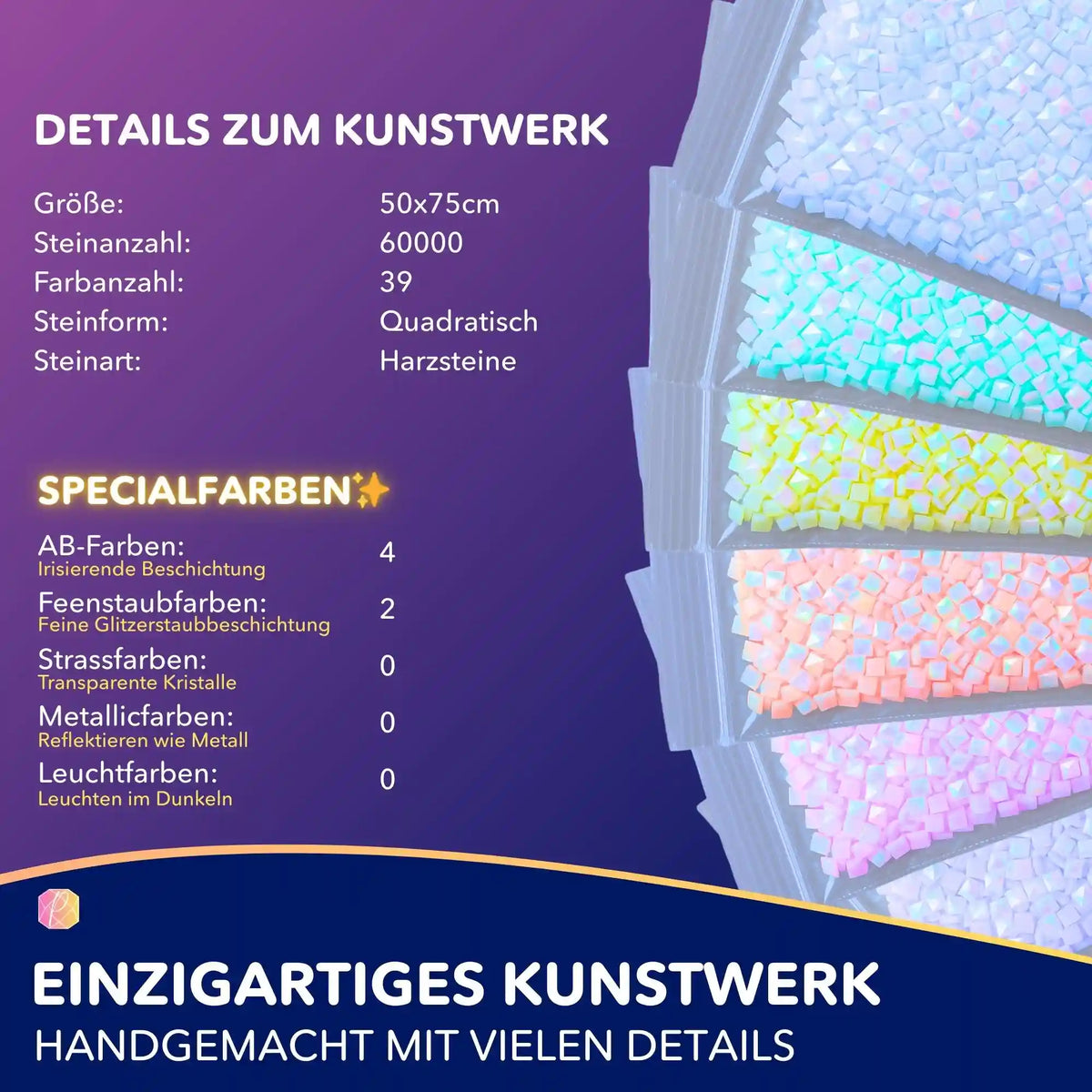 Diamond Painting Set Fluss der Träume: Eckige Harzsteine in 39 Farben mit irisierendem Effekt für ein 50x75cm Fantasy-Motiv.