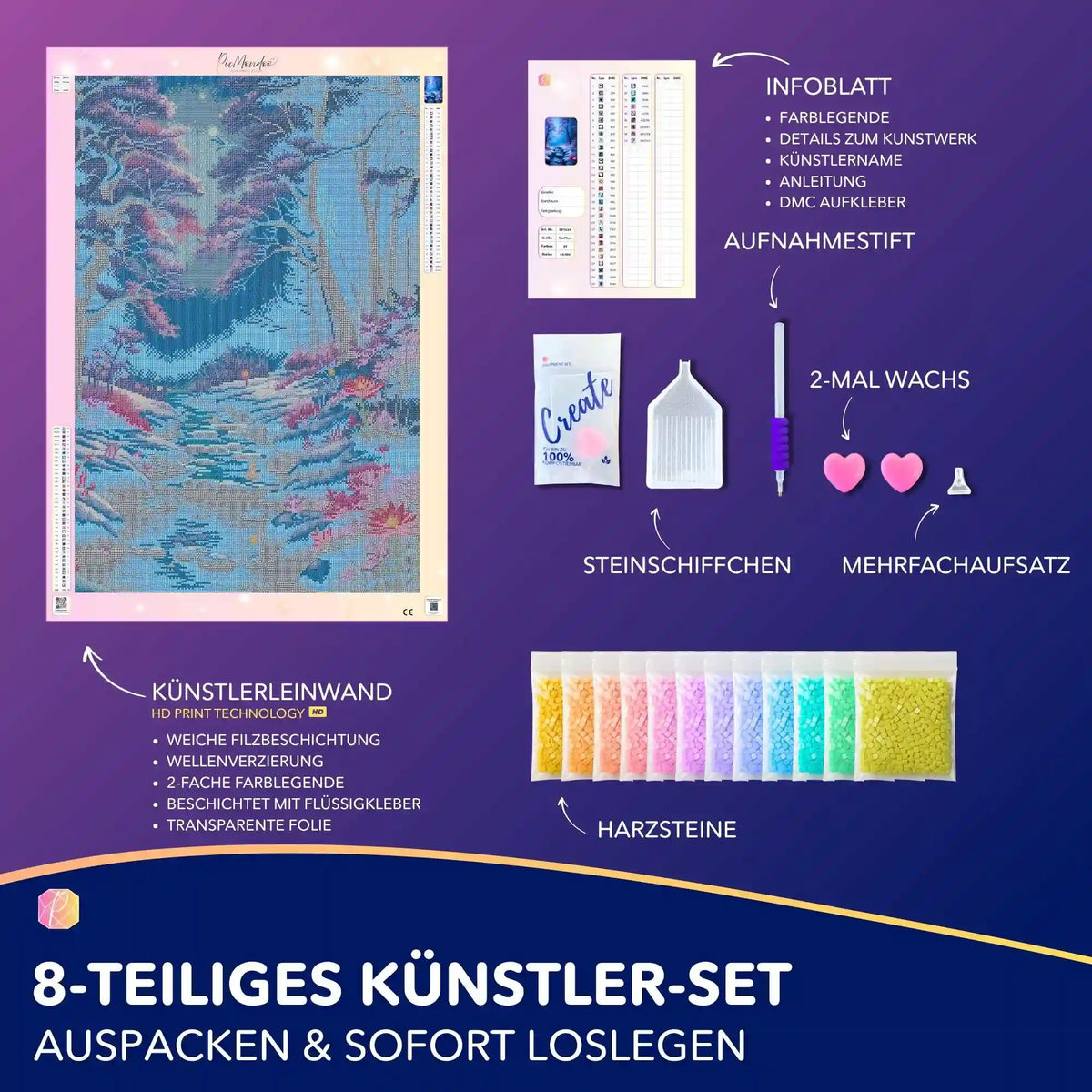 Diamond Painting Set Fluss der Träume mit Leinwand, bunten Harzsteinen und Werkzeug für eine magische Winterwald-Szene.