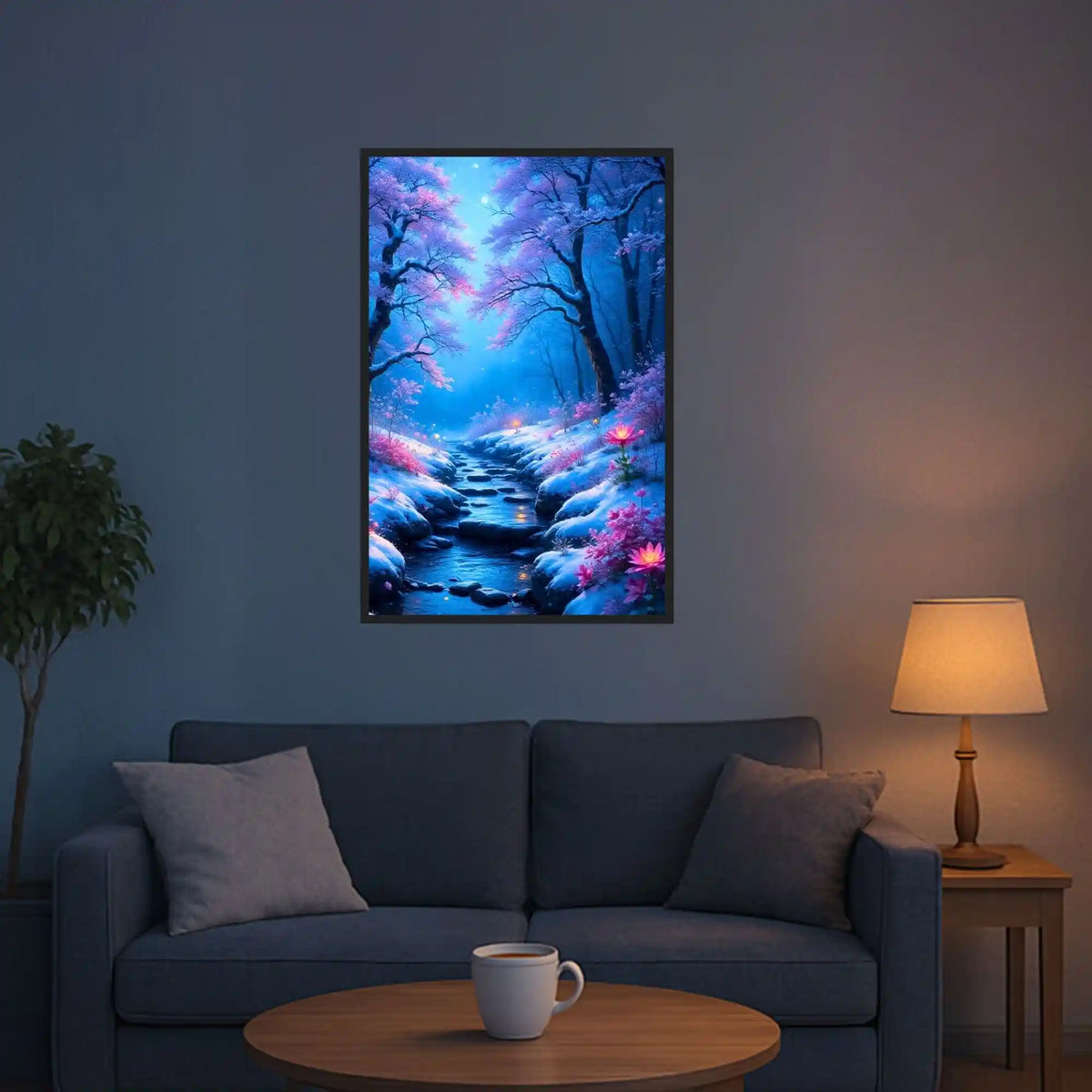 Diamond Painting Fluss der Träume mit magischem Winterwald, glitzerndem Bach und leuchtenden rosa Blüten im Wohnzimmer