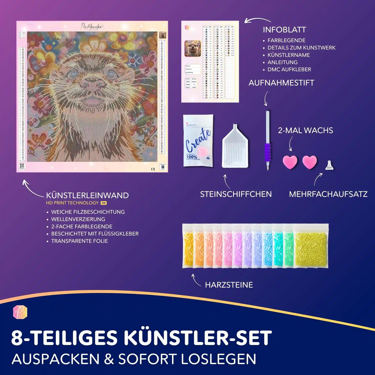 Diamond Painting Set Sonnenschein im Fell mit Otter-Motiv, bunten Blumen, Harzsteinen und komplettem Zubehör zum Basteln