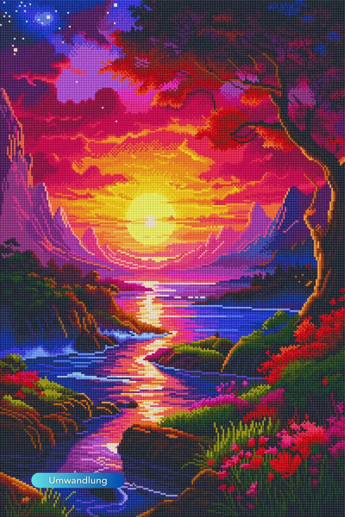 Diamond Painting Set Melodie des Lichts mit magischer Berglandschaft, buntem Sonnenuntergang, Fluss und Blumen.