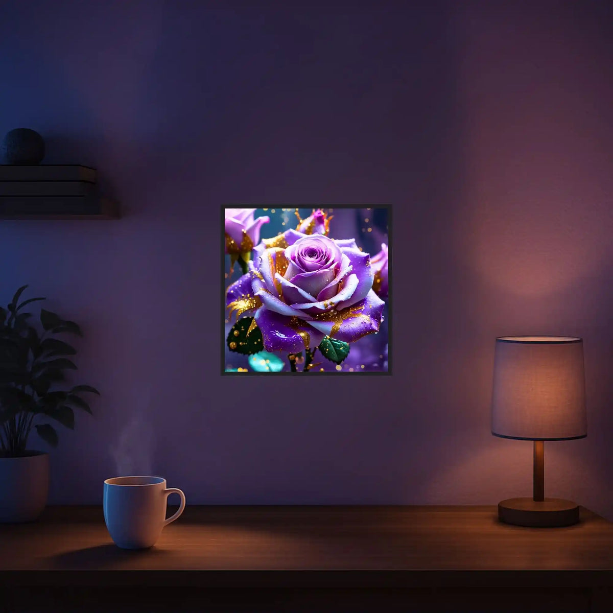 Diamond Painting Amethystrose mit violetten Blüten, goldenen Akzenten und Glitzersteinen als elegante Wanddeko