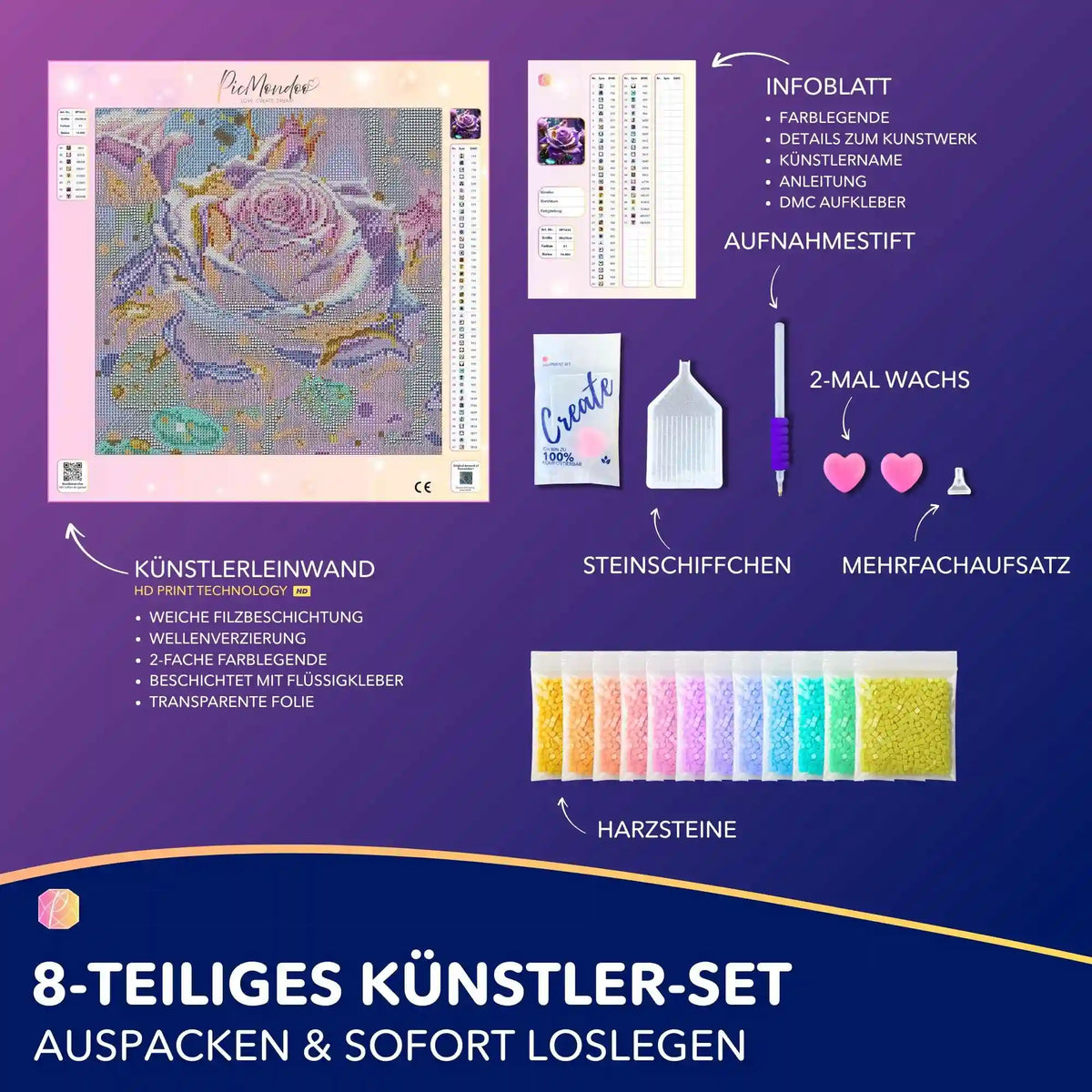 Diamond Painting Set Amethystrose mit Leinwand, bunten Harzsteinen und Zubehör für kreatives DIY-Basteln