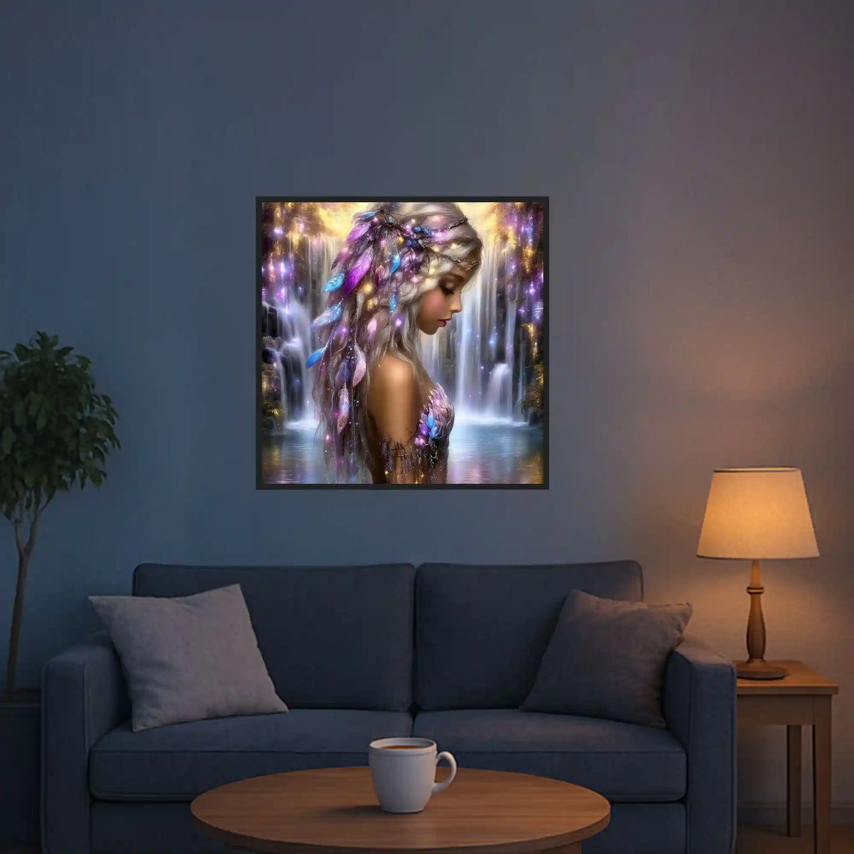 Diamond Painting Set Elysias Lied als Fantasy-Motiv mit blondem Mädchen vor einem magischen Wasserfall in einem Wohnzimmer