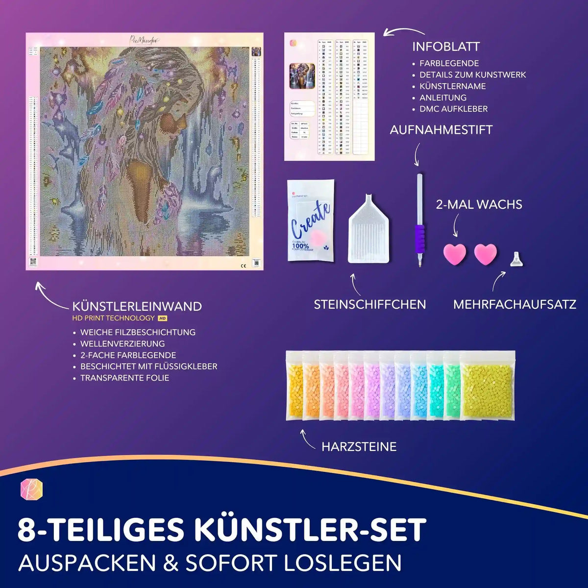 Diamond Painting Set Elysias Lied mit vollständigem Zubehör, Leinwand und bunten Steinen für ein märchenhaftes Fantasy-Motiv