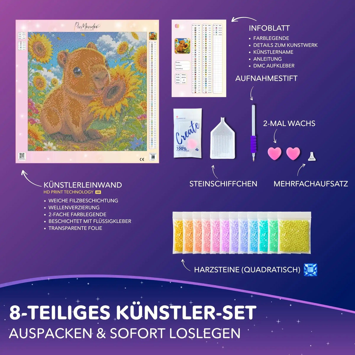 Diamond Painting Set Capybara im Sonnenblumenfeld mit Leinwand, Steinen, Stift, Wachs und Infoblatt