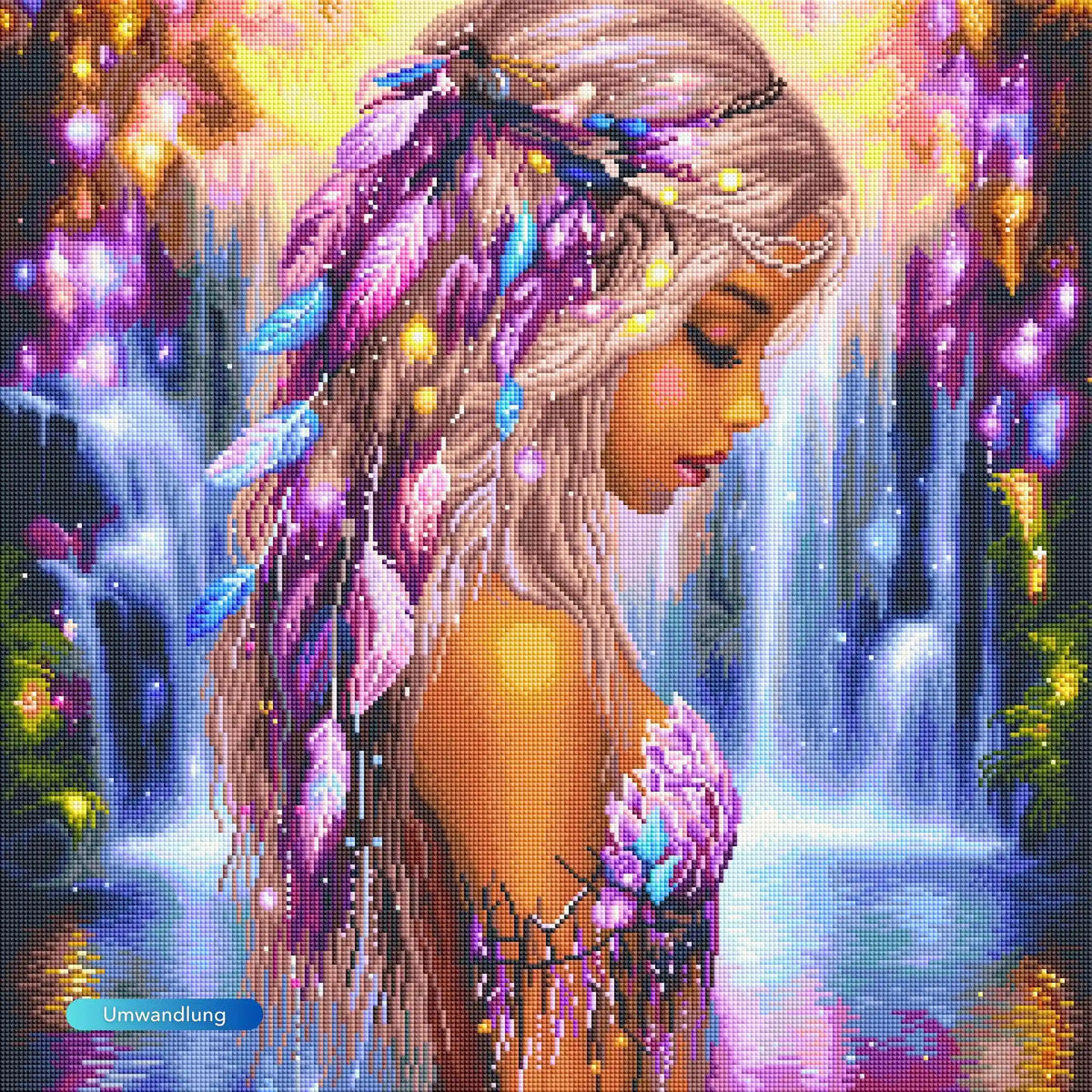 Diamond Painting Set eines Fantasy-Mädchens mit blonden Haaren und Federschmuck vor einem leuchtenden Wasserfall