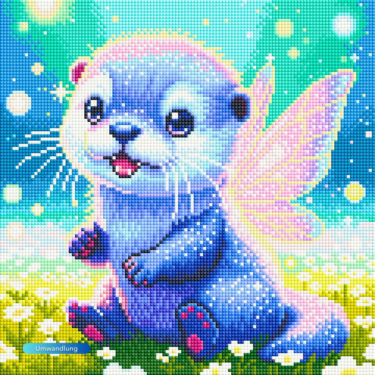 Diamond Painting Set: Niedlicher Feenotter mit Flügeln auf einer Blumenwiese, glitzerndes Fantasy-Motiv für kreative Köpfe.