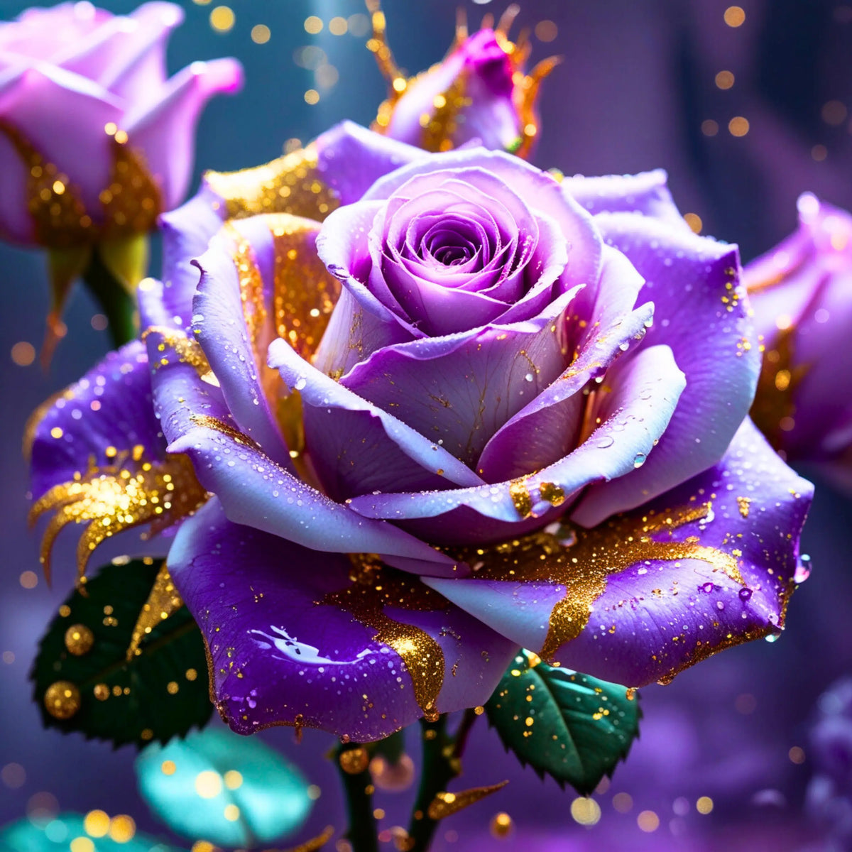 Diamond Painting Set Amethystrose mit funkelnden violetten Blüten und goldenen Akzenten für ein edles florales DIY-Motiv