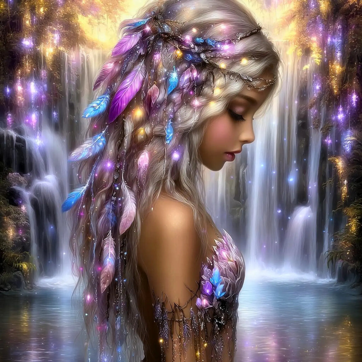 Diamond Painting Set mit magischem Fantasy-Mädchen, blonden Haaren und glitzerndem Wasserfall im 60x60cm Format.