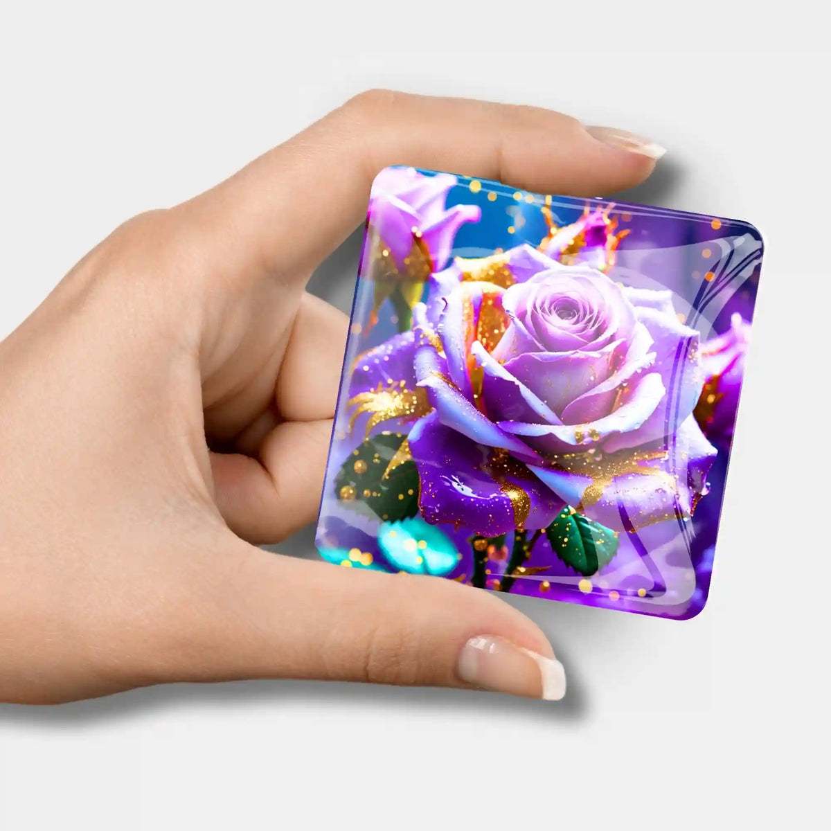 Magischer Amethystrose Cover Minder aus Glas für Diamond Painting Zubehör mit starkem Magneten in der Hand