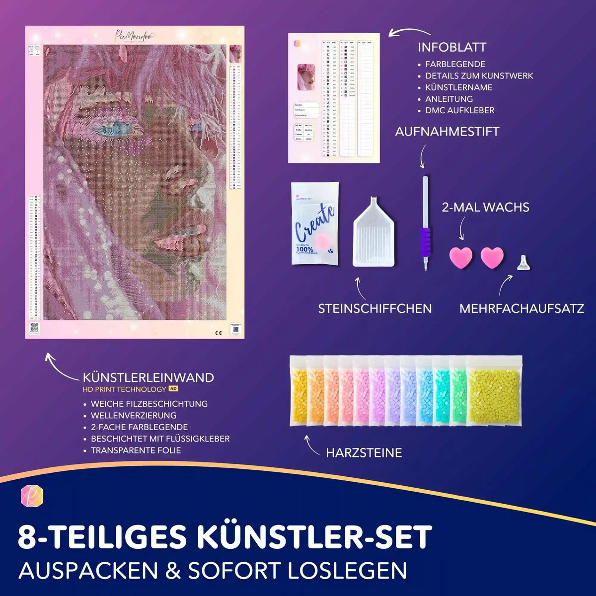 Diamond Painting Set Pink Dream mit glitzerndem Frauenporträt, Leinwand, Harzsteinen und Zubehör zum Basteln.