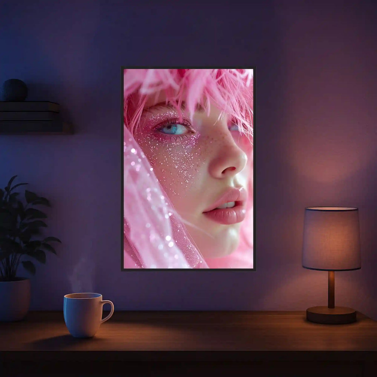Diamond Painting Set Moni´s Special Pink Dream mit Porträt einer Frau mit pinken Haaren und glitzerndem Make-up im 40x60cm